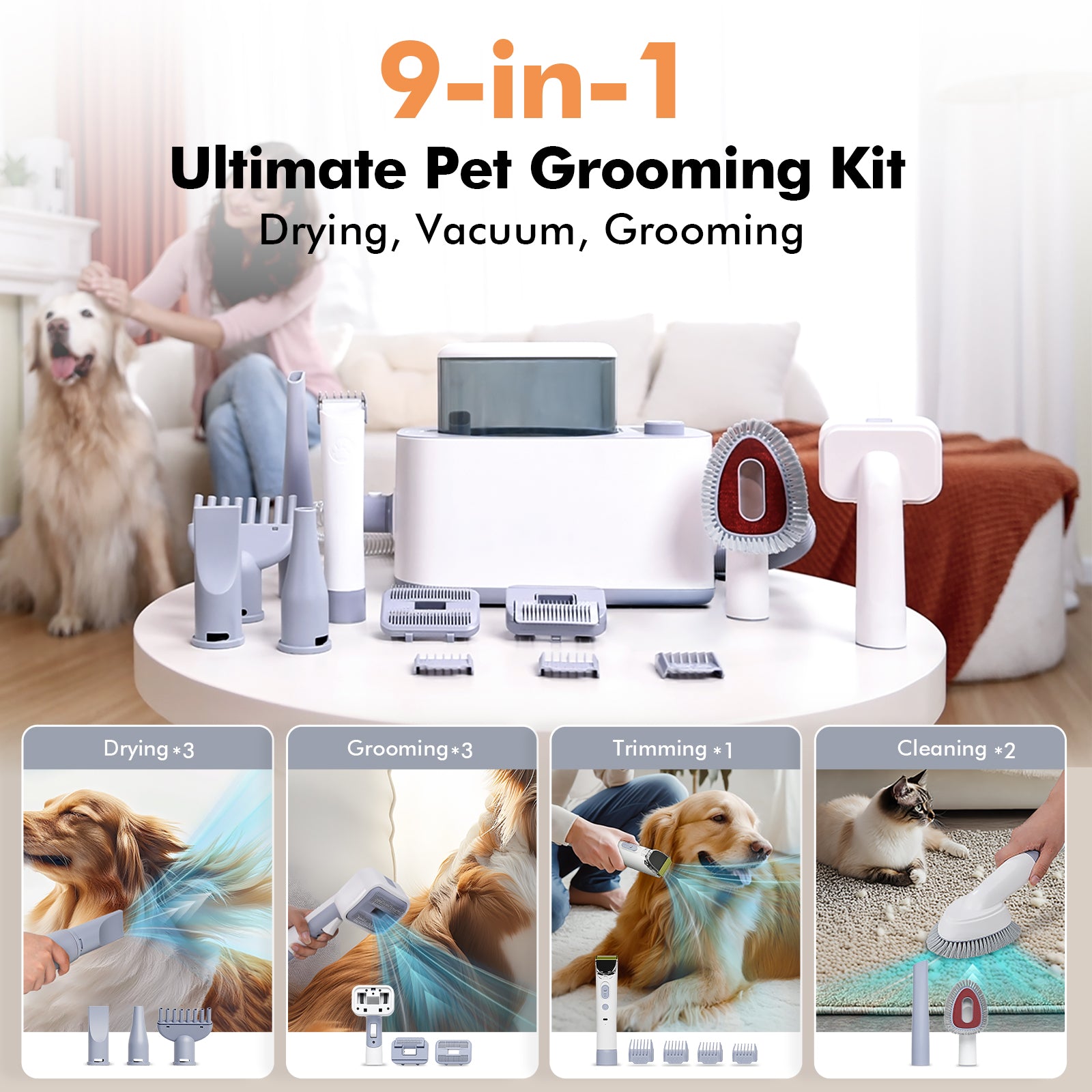 LOVEEPEE 9-in-1 Pet Grooming Vacuum Set with Electric Clippers, 21KPa Powerful Suction & Adjustable Temperature, 101.44oz Large Dust Bin, 9-in-1 Multi-Functional Dog Hair Dryer & Shedding Vacuum with Brush, Blow Dry & Clean Modes, 110-120V, US Plug
