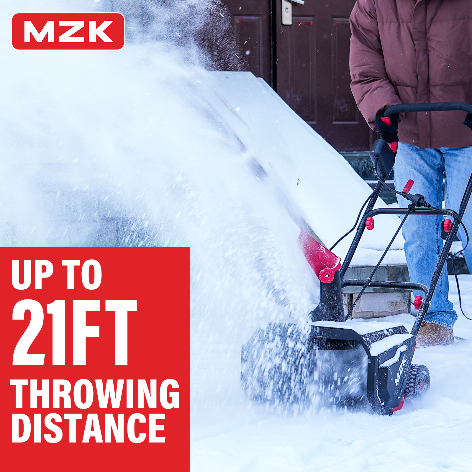 MZK 16" Electric Snow Blower 13 Amp Motor, LED Light, Adjustable Chute, Walk Behind, Black