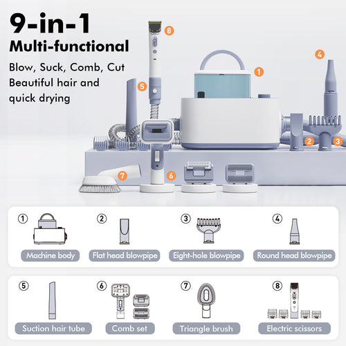 LOVEEPEE 9-in-1 Pet Grooming Vacuum Set with Electric Clippers, 21KPa Powerful Suction & Adjustable Temperature, 101.44oz Large Dust Bin, 9-in-1 Multi-Functional Dog Hair Dryer & Shedding Vacuum with Brush, Blow Dry & Clean Modes, 110-120V, US Plug