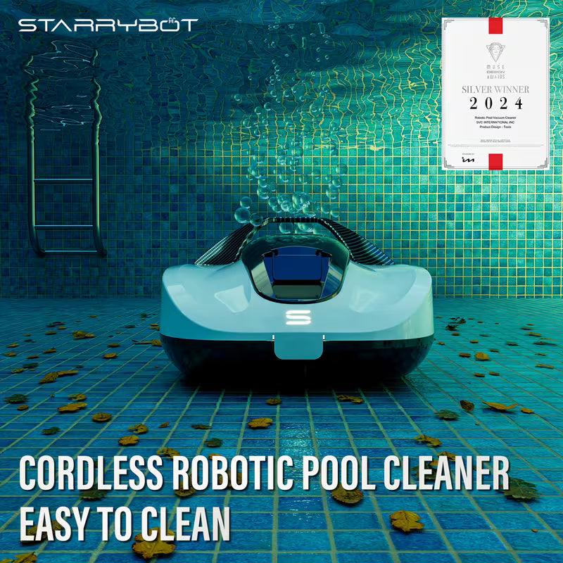 STARRYBOT Cordless Robotic Pool Cleaner, Automatic Swimming Pool Vacuum with Powerful Suction, Self-Parking Technology, Portable Underwater Cleaner Ideal for Above-Ground & Flat Bottom Pools, Battery Operated