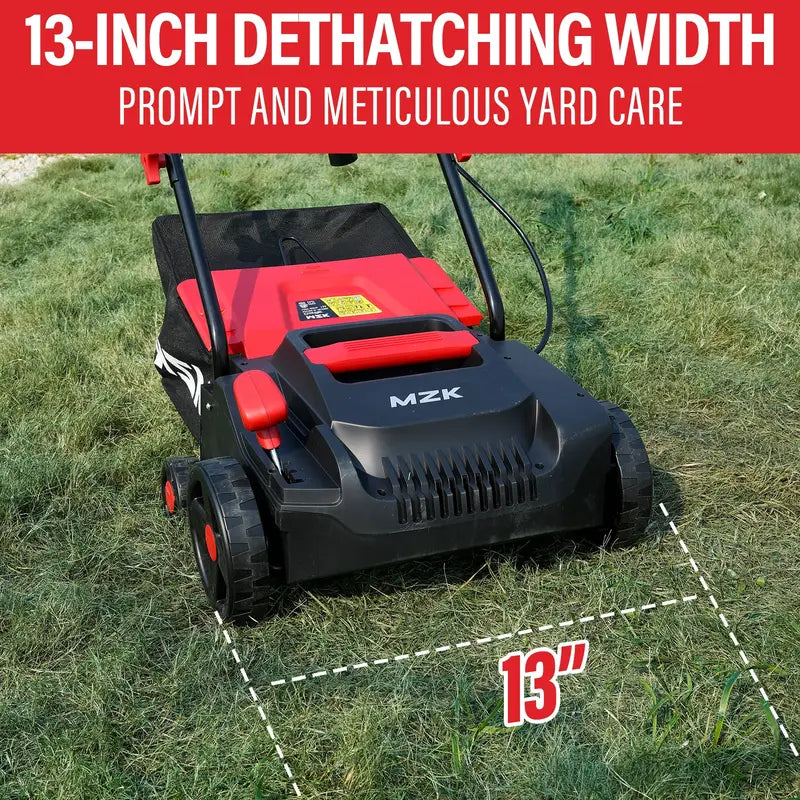 MZK 13" 2-in-1 Electric Dethatcher & Scarifier with 4-Position Height Adjustment, 8 Gallon Thatch Bag, 3, 5" Wide Tines, 3, 5" Deep Trench, 5" Wide Tines, 5" Deep Trench, 5