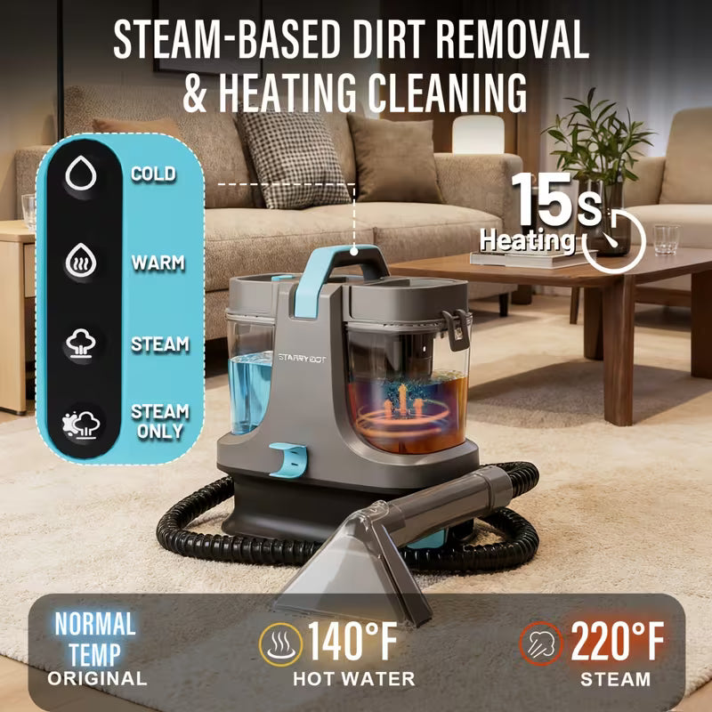Starrybot 1500W Portable Steam Heating Carpet Cleaner, a Powerful Spot Cleaner with 30 Kpa Suction, Designed for Professional Cleaning of Pets, Sofas, Stairs, Carpets, And Furniture, Comes with Versatile Multi-Surface Cleaning Tools