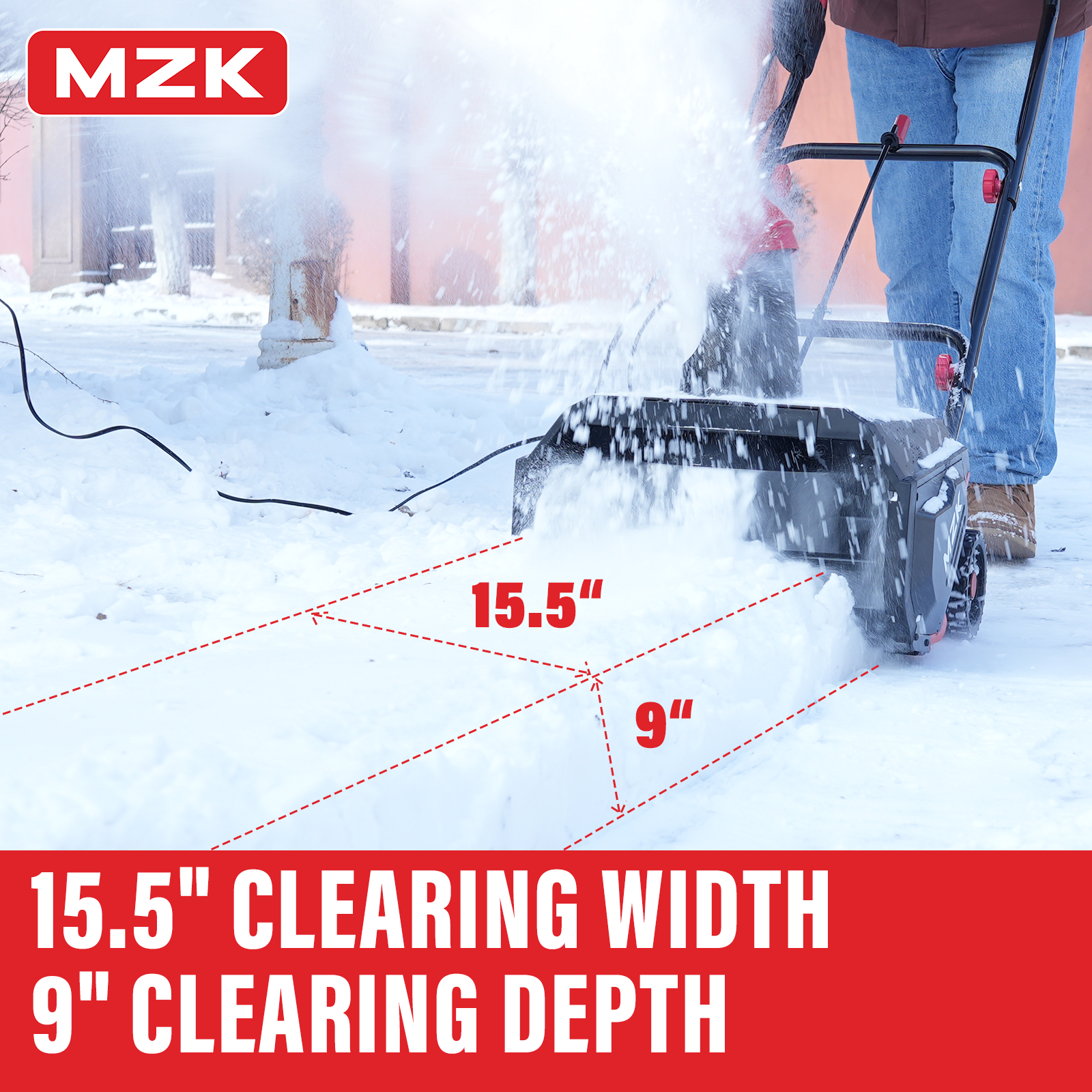 MZK 16" Electric Snow Blower 13 Amp Motor, LED Light, Adjustable Chute, Walk Behind, Black