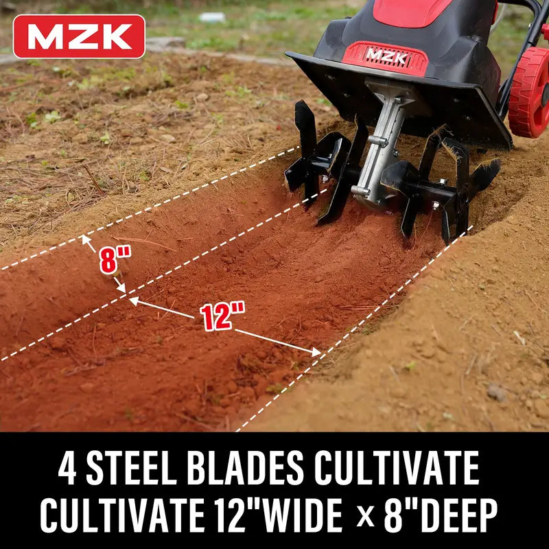 MZK 12" Electric Tiller, 8" Tilling Depth with Adjustable Wheels, Suitable for Garden/Lawn/Yard